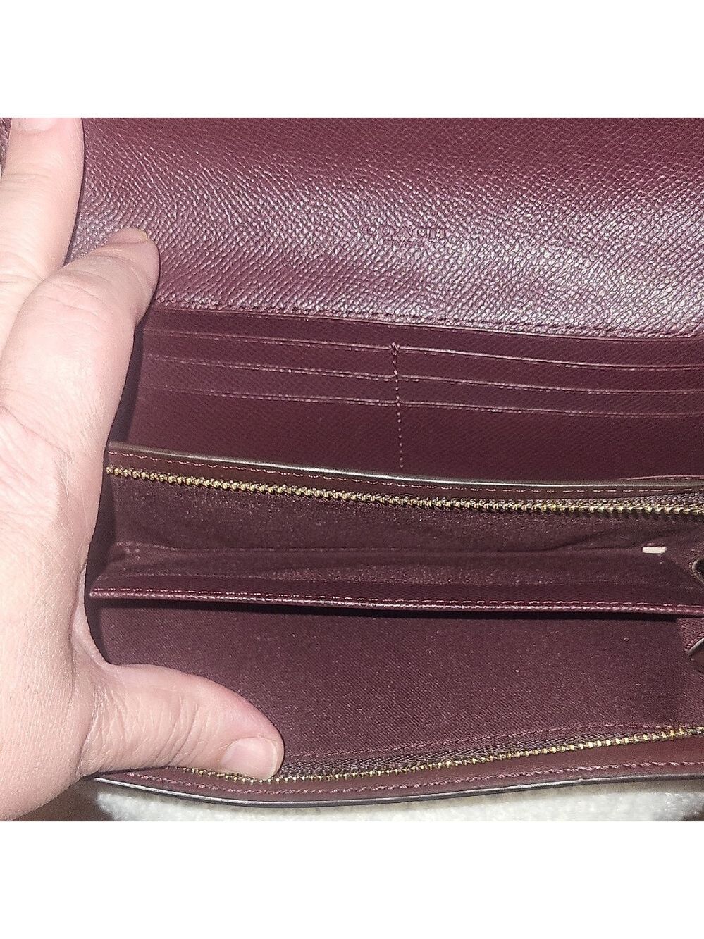 Coach Trifold Wallet in Burgundy, Pink & Brown Signature Canvas - Picture 3 of 13